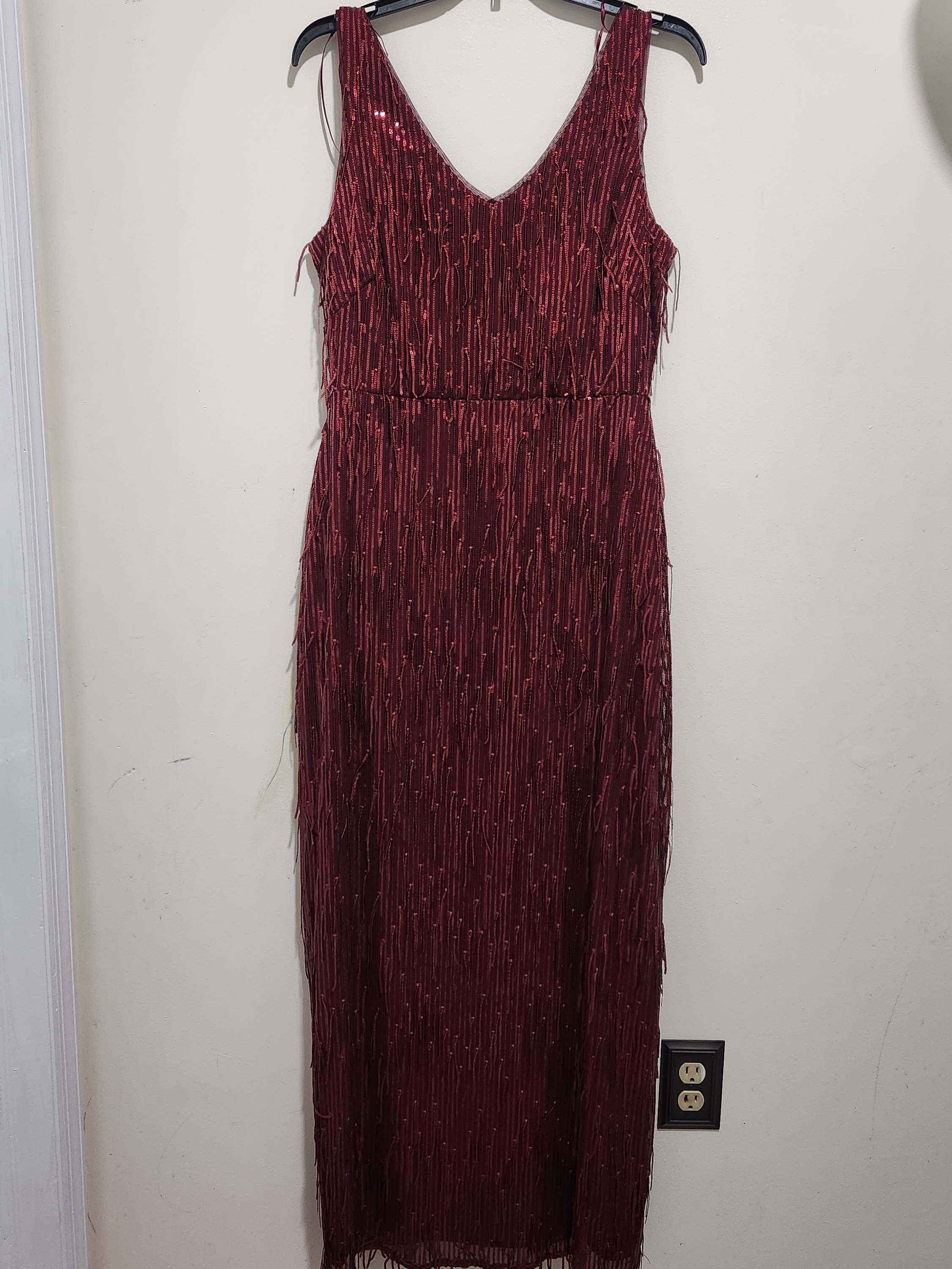 R&M Richards Burgundy Sequin Fringe Maxi Dress